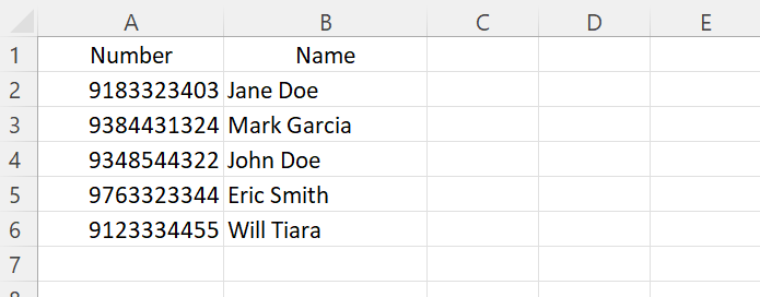 Sample spreadsheet with phone number, name, and company columns