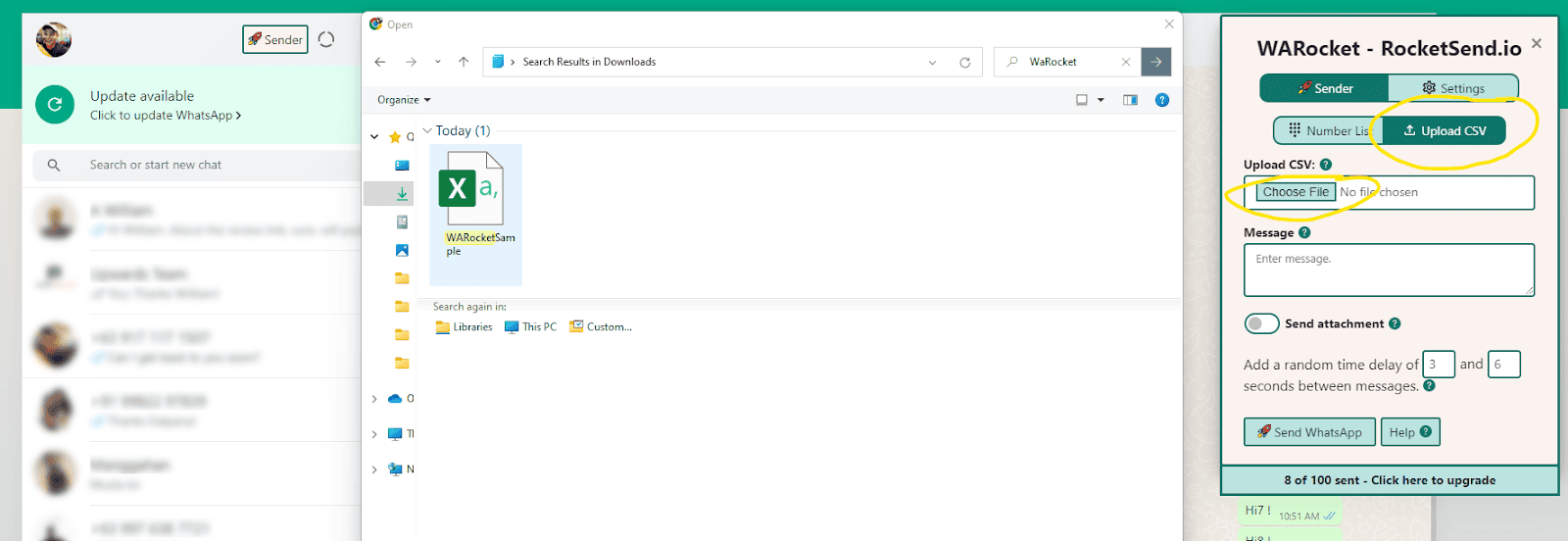 Clicking Upload CSV in the Rocket Sender panel
