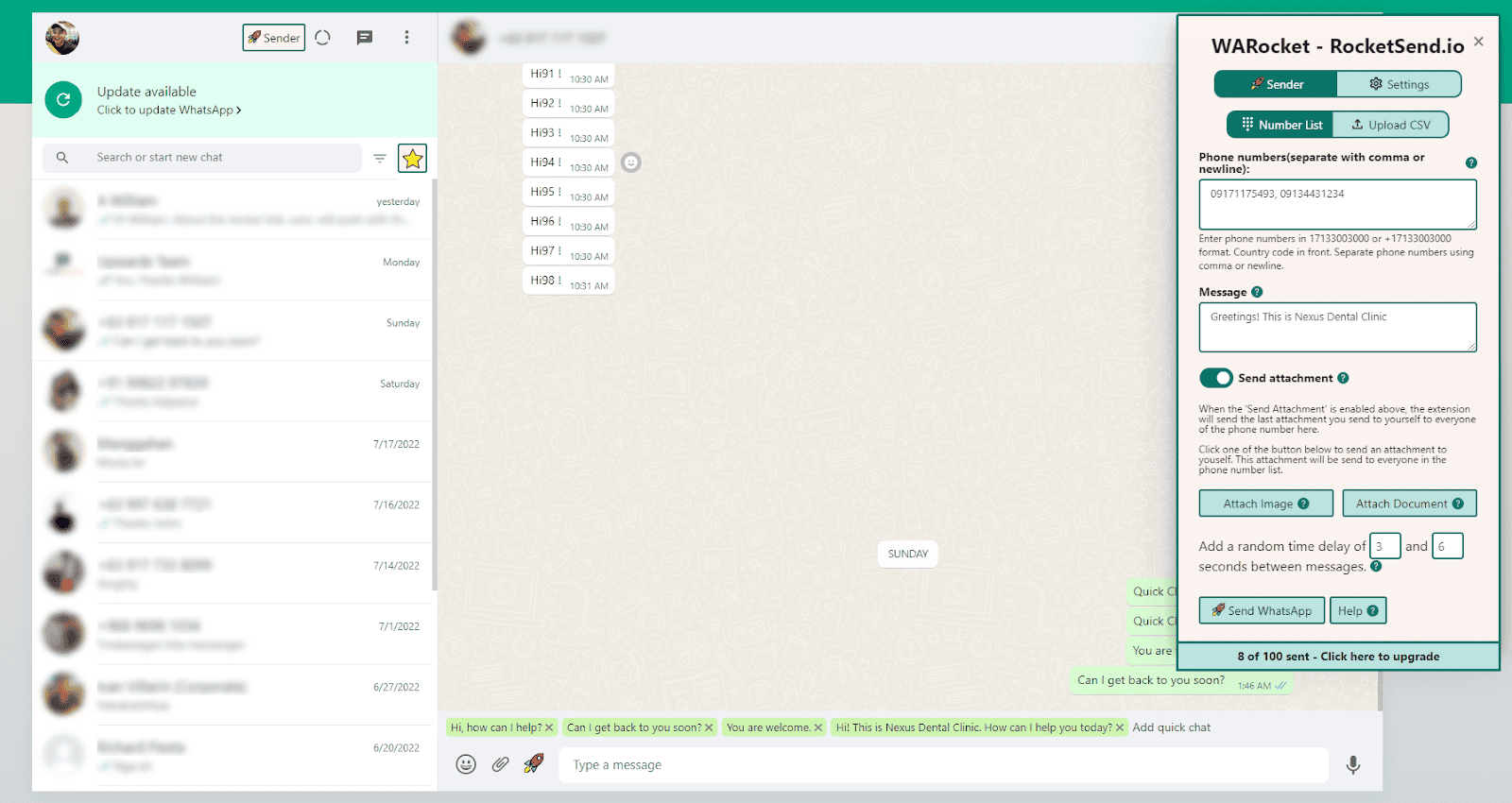 Rocket Sender panel visible inside WhatsApp Web