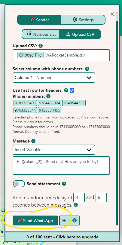 Sending the campaign from the Rocket Sender panel