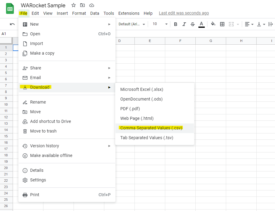 Google Sheets download as CSV option