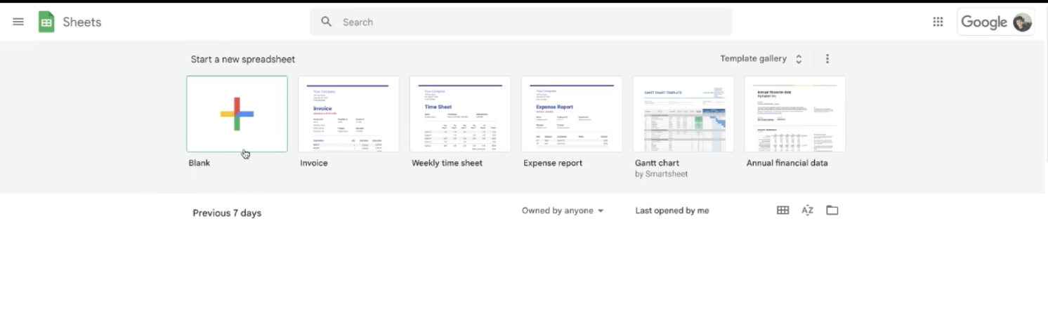 Google Sheets open with a blank spreadsheet