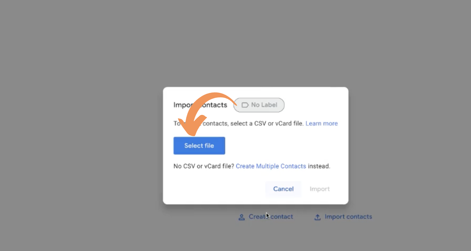 File selection dialog in Google Contacts import
