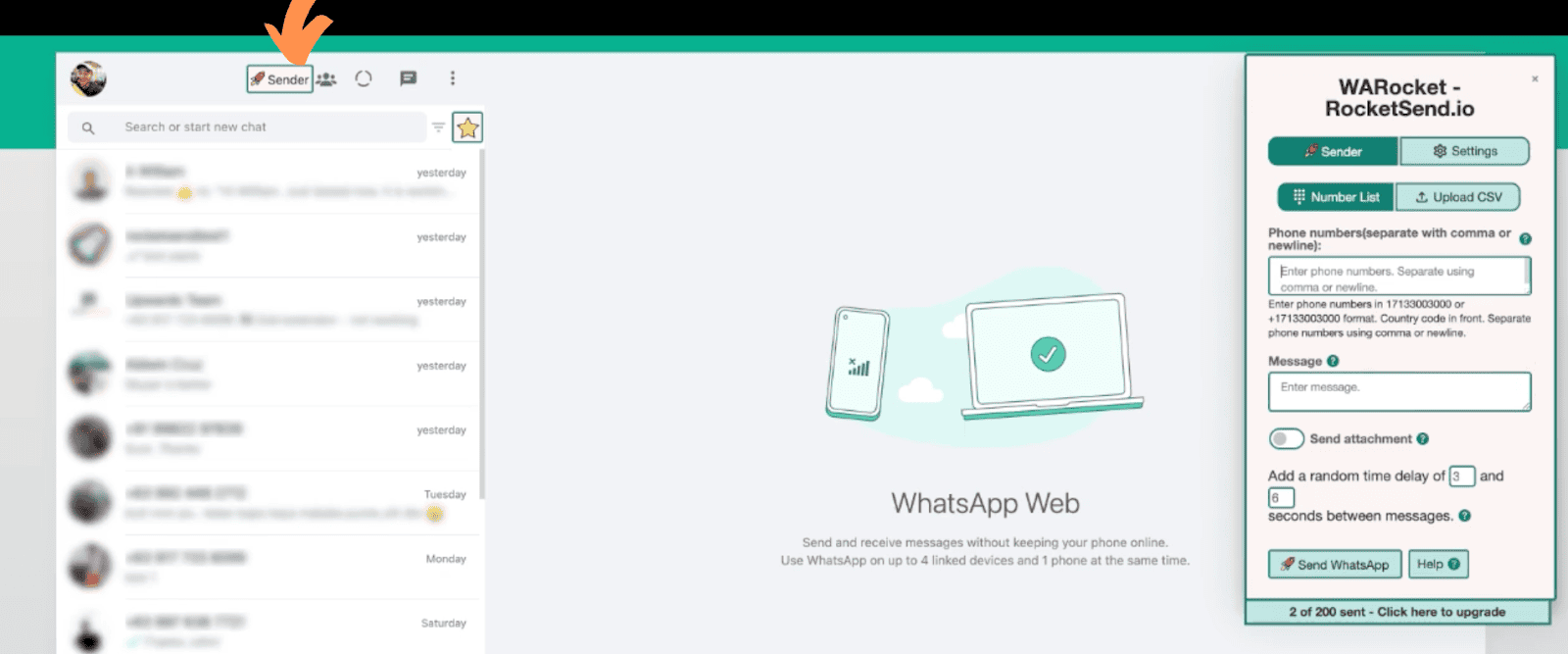 Rocket Sender panel visible in WhatsApp Web